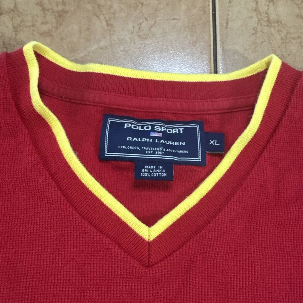 Vintage Polo Sport Ralph Lauren‎ Mens Sz XL Shirt V Neck Cotton Flag Tipped Logo